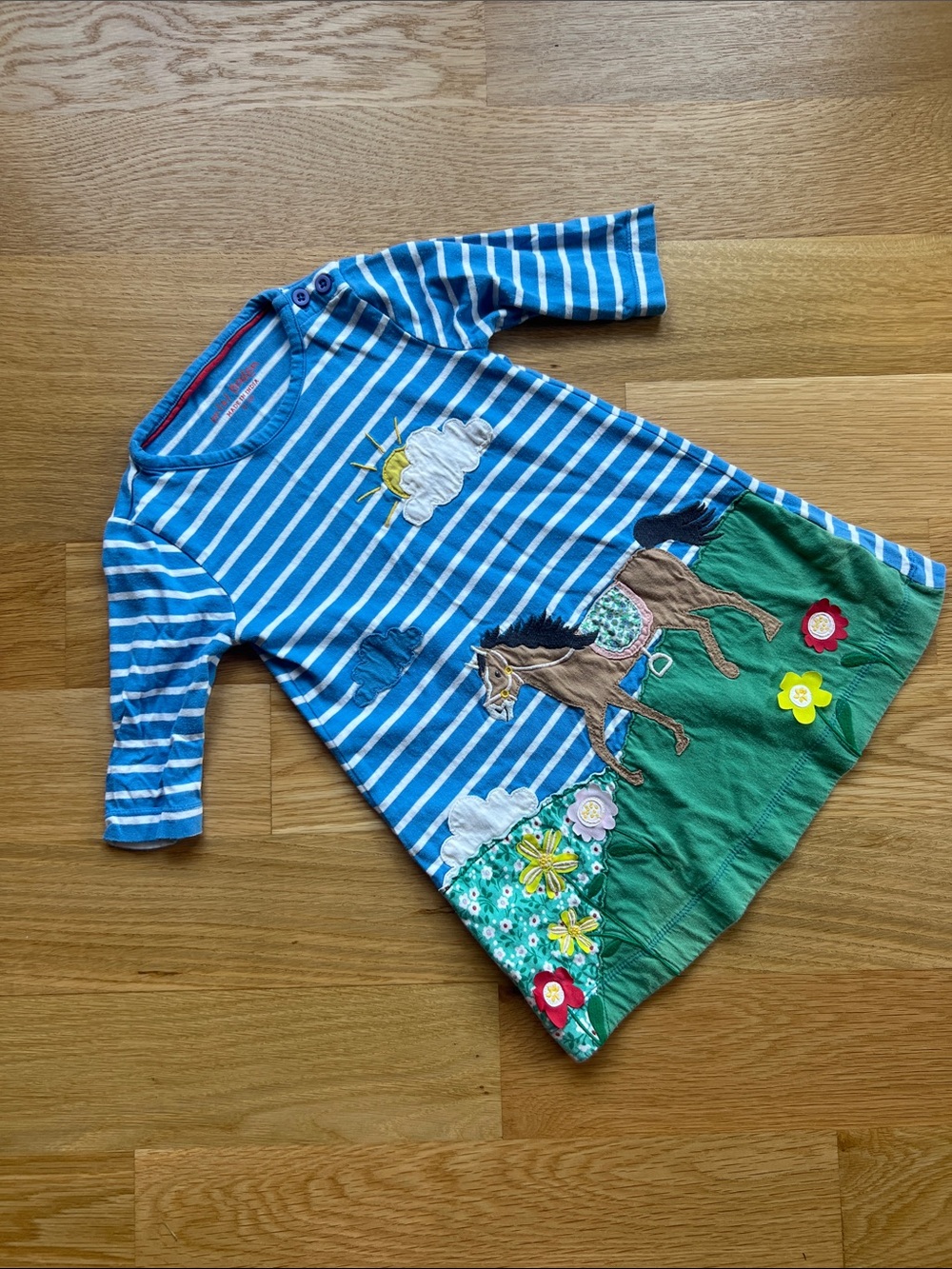 Mini Boden Blue and White Striped Dress with Green Meadow and Horse Appliquรฉ